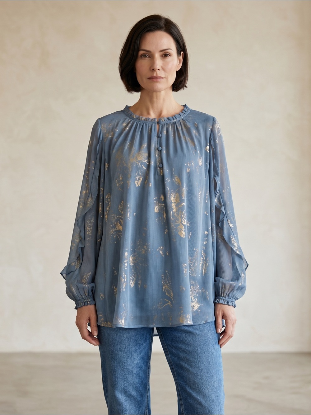 LC Lauren Conrad Shimmering Blue Boho Peasant Blouse with Gold Foil Floral